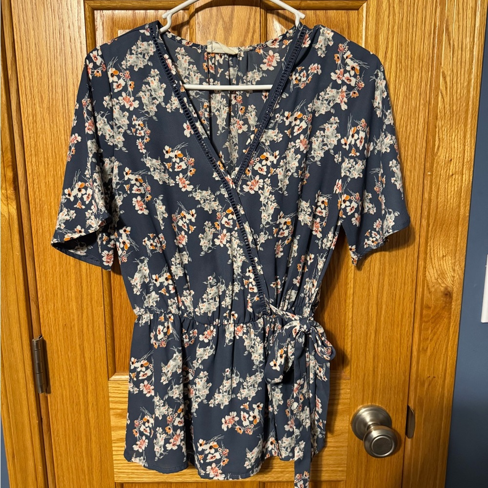 Floral Wrap Top - Navy and White
